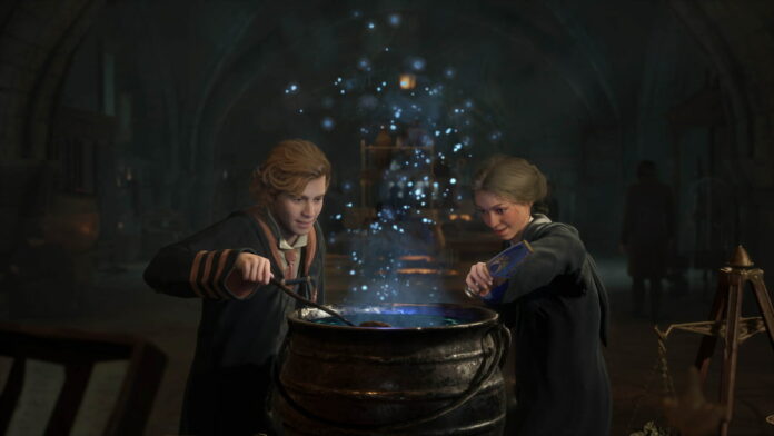 Two students making potions in Hogwarts Legacy.