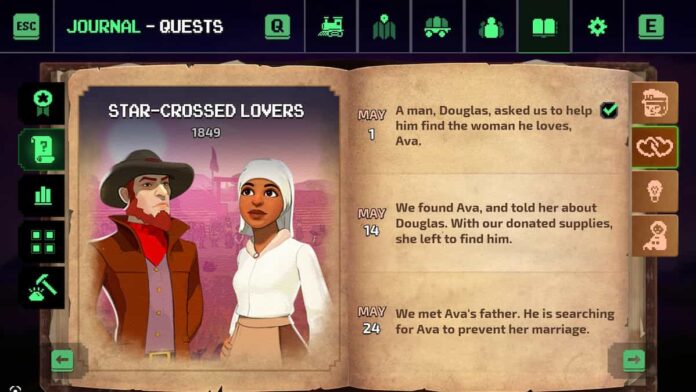 A journal page from The Oregon Trail showing the Star-Crossed Lovers quest