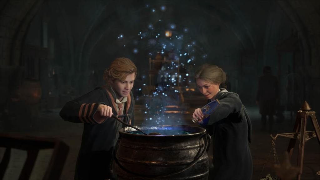 Deux étudiants faisant des potions dans Hogwarts Legacy.