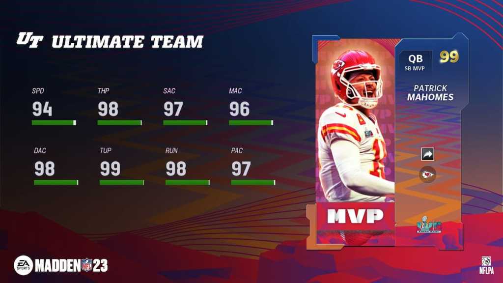 Carte de Patrick Mahomes dans Madden 23