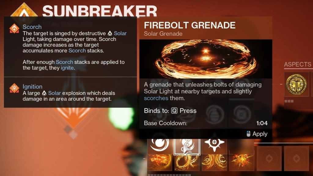 Comment utiliser efficacement la grenade Firebolt dans Destiny 2 - Grenade Firebolt dans le menu de la classe.