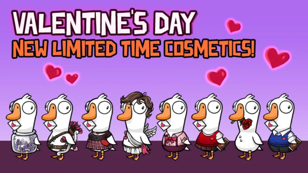 8 canards alignés vêtus de la tenue de la Saint-Valentin.