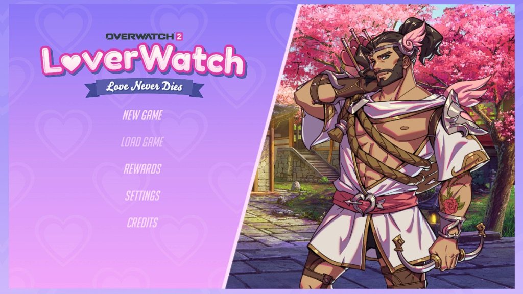 Menu principal de LoverWatch avec Cupidon Hanzo