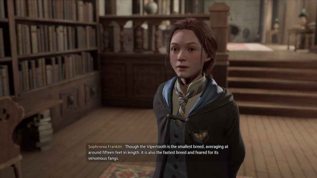 Quelle race de dragon est la plus petite ?  Hogwarts Legacy - Sophronia dans la bibliothèque.