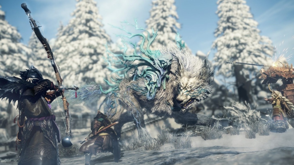 Les chasseurs combattent un animal géant ressemblant à un loup.