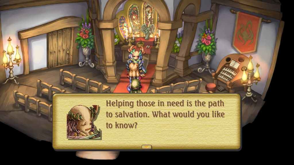 Une créature terrifiante dans une église parle au personnage du joueur dans Legend of Mana