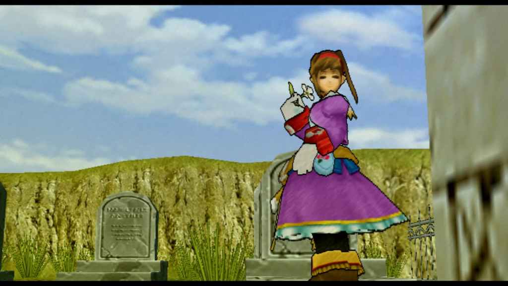 Une jeune femme se tient dans un cimetière tenant une fleur blanche dans Wild ARMs 3