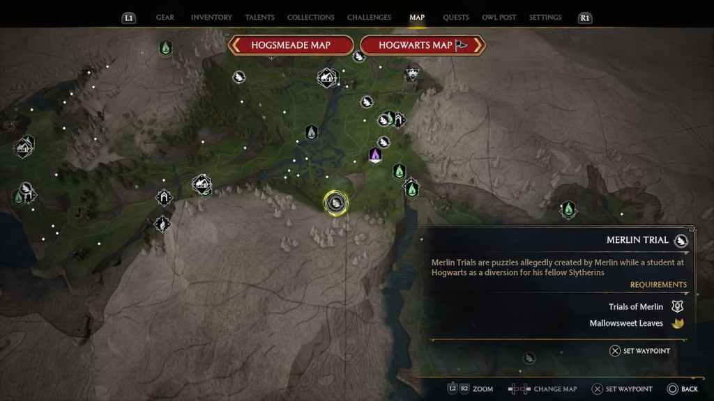 Comment atteindre le sud de la carte du monde dans Hogwarts Legacy - Essai Merlin sur la carte.