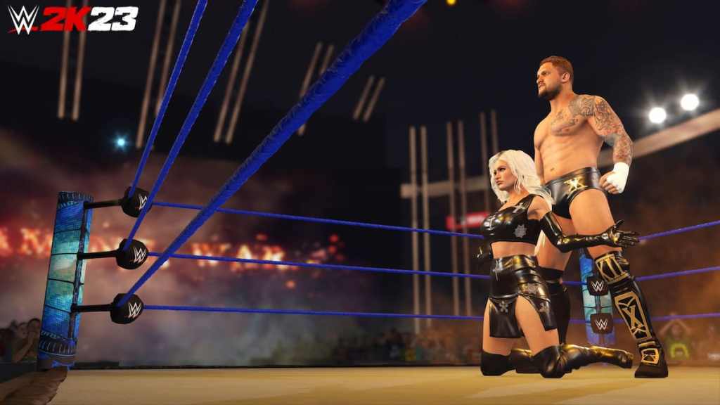 Karrion Kross et Scarlett Bordeaux dans l'arène de WWE 2K23.