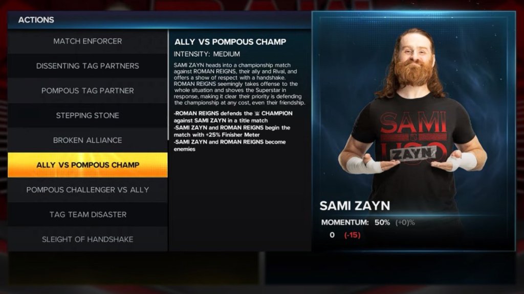 Sélecteur de cinématiques WWE 2K23 avec Sami Zayn en vedette