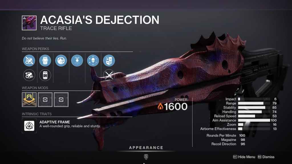 Comment obtenir l'abattement d'Acasia dans Destiny 2 - arme dans l'inventaire.