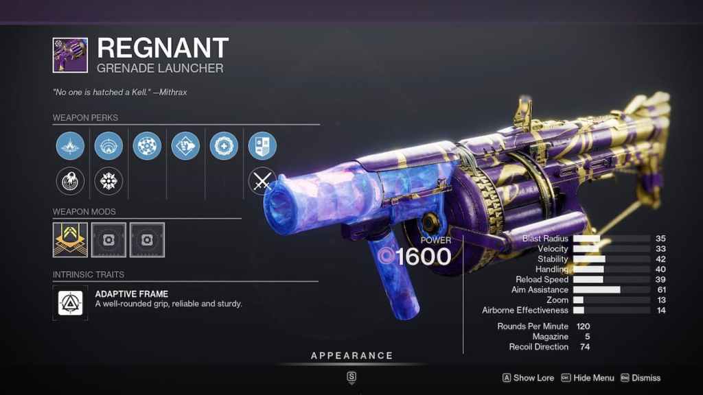 Destiny 2 Regnant God Roll Pour PvE et PvP - Arme dans l'inventaire.