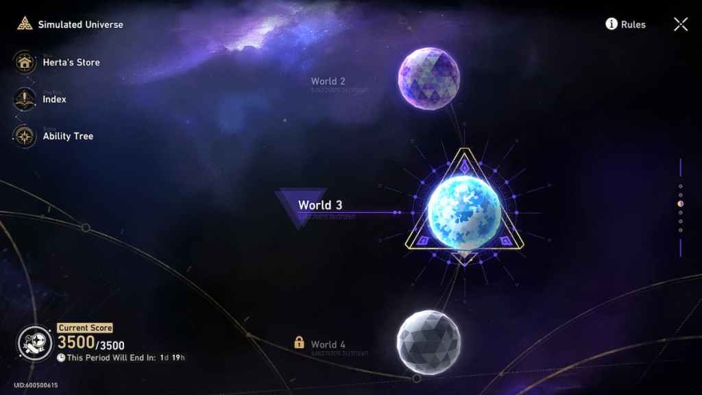 L'écran principal du menu Simulated Universe dans Honkai: Star Rail