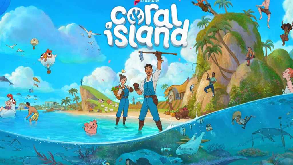 Deux personnages du jeu applaudissent sur le bord de la plage de Coral Island